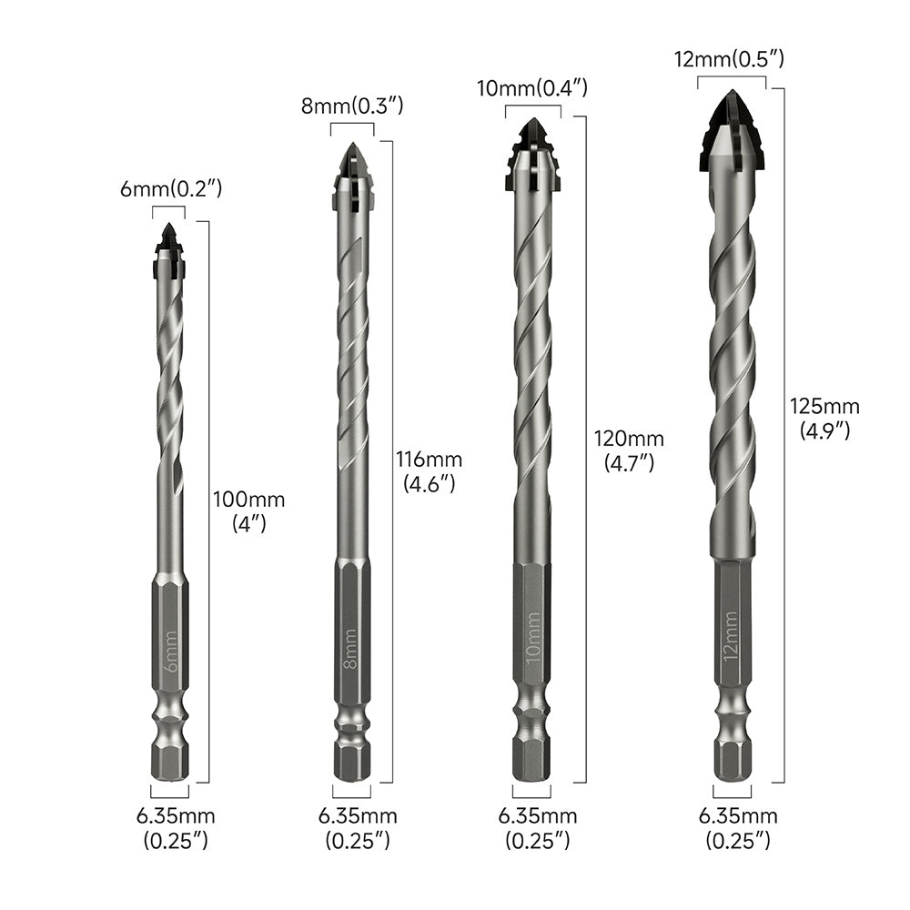 Mauerbohrer-Set, 4-teiliges Sägezahn-Exzenterbohrer-Set, industrielle Hartmetallbohrerspitze, geeignet für alle Fliesen, Keramik, Glas, Marmor, Beton, Edelstahl.