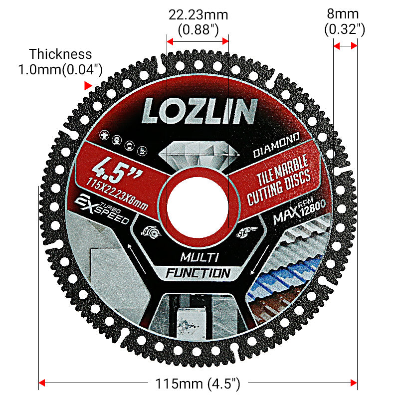 LOZLIN 4,5 Zoll (115 mm) Diamant-Fliesenschneideblätter – ultradünne Trockentrennscheibe für Keramik, Marmor, Granit – Winkelschleiferblätter und langlebig für Mauerwerk/Bau