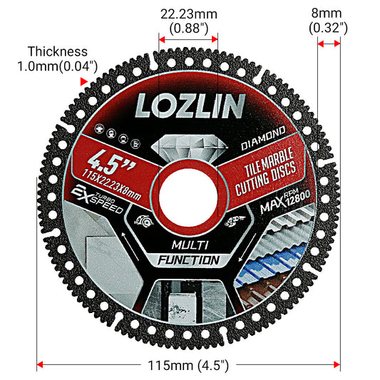 LOZLIN 4.5"(115mm) Diamond Tile Cutting Blades - Ultra-Thin Dry Cutting Disc for Ceramic, Marble, Granite - Angle Grinder Blades& Durable for Masonry/Construction