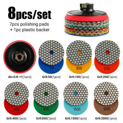 8PCS 4Inch Dry Diamond Polishing Pads - for Marble, Granite & Stone - Angle Grinder Buffing Discs Set, No Water Needed