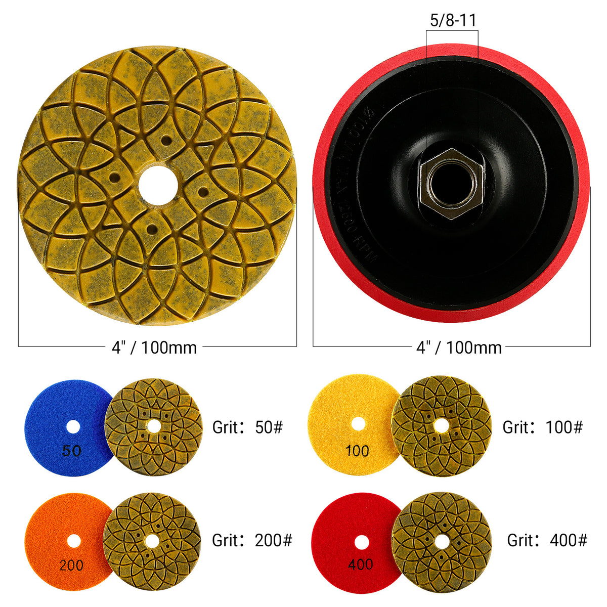 5-teiliges 100-mm-(4-Zoll)-Diamant-Schleifscheiben-Set – für Granit, Marmor und Beton – Winkelschleifer-Schleifscheibe zum Trimmen, Grobschleifen und Nivellieren von Oberflächen