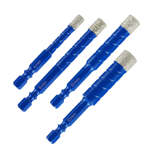 4PCS Diamond Hole Saw Drill Bit Set, 1/4 5/16 3/8 1/2 Inch for Porcelain Tile Ceramic Stone Granite Marble, Hex Shank Dry Drilling, 6/8/10/12mm