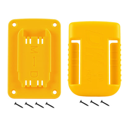 Yellow universal tool rack for DeWalt 20V/12V and Milwaukee M18 power tools; heavy-duty ABS wall mount with screws