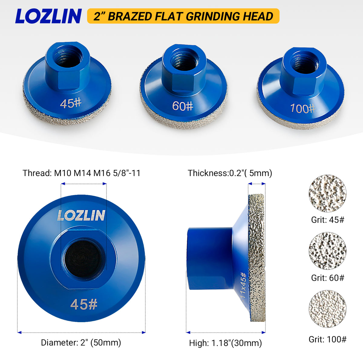 LOZLIN 2 Zoll (50 mm) flache Diamant-Schleifscheibe – Arbeitsplatten-Fugen- und Kantenschleifen für Quarz, Marmor, Fliesen – 5/8-11 M14 M10 Winkelschleifer-montiertes Steinwerkzeug