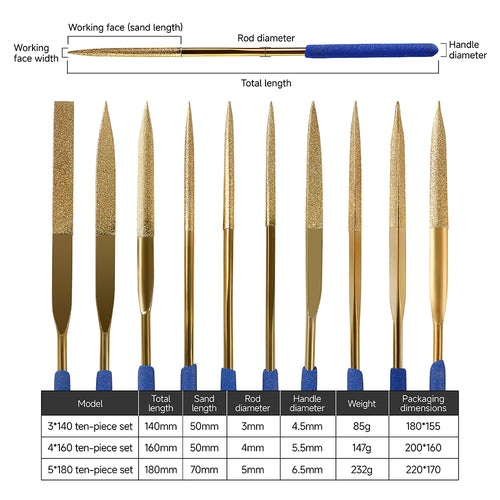 10-piece file set for polishing and grinding metal, wood, glass, and jewelry