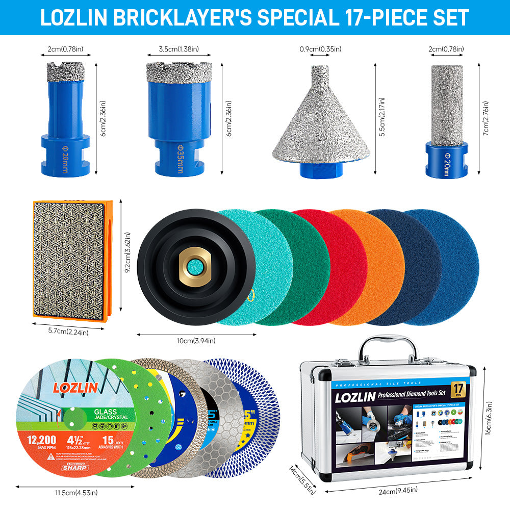 LOZLIN 17PCS Diamond Tool Kit for Tiler, Professional Drill Bits, Saw Blades, Polishing Pads, Chamfer Drill & Milling Bits for Cutting & Grinding Porcelain, Glass, Marble, Quartz & Stone