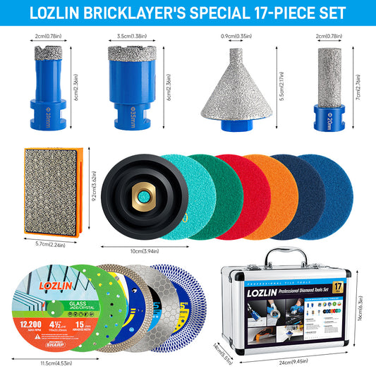 LOZLIN 17PCS Diamond Tool Kit for Tiler, Professional Drill Bits, Saw Blades, Polishing Pads, Chamfer Drill & Milling Bits for Cutting & Grinding Porcelain, Glass, Marble, Quartz & Stone