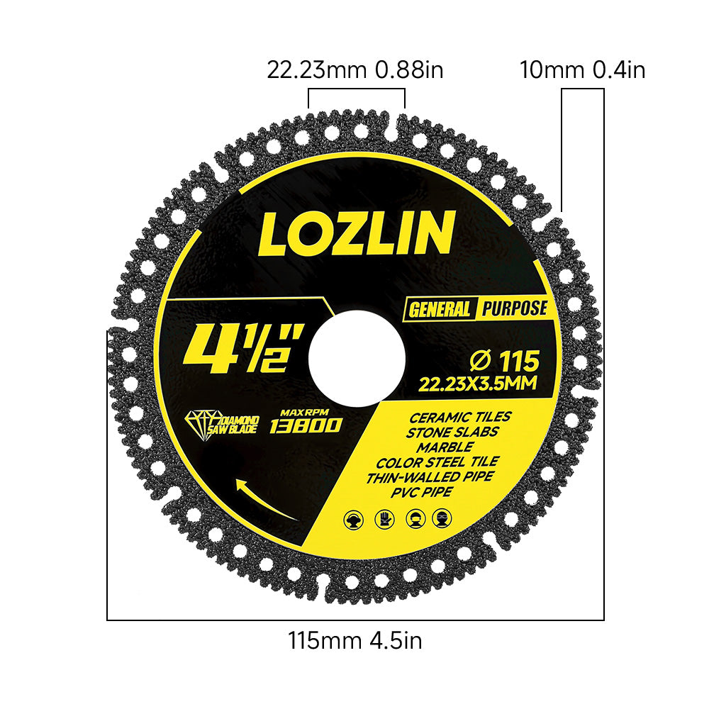 LOZLIN 3Pcs 4.5" 115mm Industrial Diamond Cutting Blade, Multi-Purpose for Steel Roof Sheets, PVC Pipes & Stone