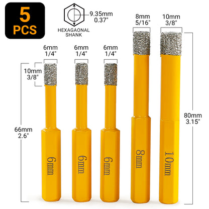 LOZLIN 5PCS 6-8-10mm Hexagonal Shank Brazed Dry Ceramic Tile Drill Bit Marble Granite Vitrified Tile Hole Opener Diamond Drill Bit