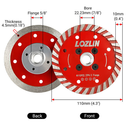 4.3" (110mm) Diamond Saw Blade - Cutting & Grinding for Granite, Concrete & Stone - 5/8-11 M14 M10 Arbor Angle Grinder Blade for Chamfering/Trimming/Shaping