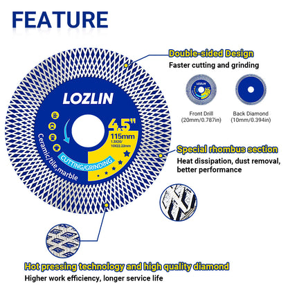 LOZLIN 115mm (4.5") Mesh Turbo Diamond Cutting Blades - Dry Ultra Thin for Rock Slabs, Ceramic & Marble - Angle Grinder Blades for Cutting, Grinding & Sanding