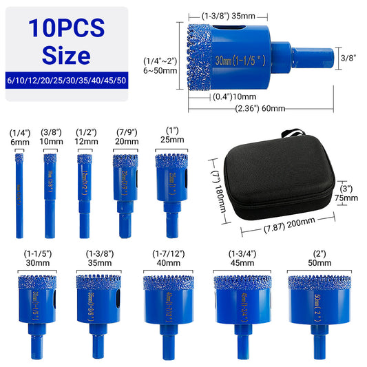 10PCS Diamond Drill Bit Set - for Marble Tile & Stone Drilling - Hole Opener Kit withFit Electric Drills - Wet/Dry Masonry Drilling Tools