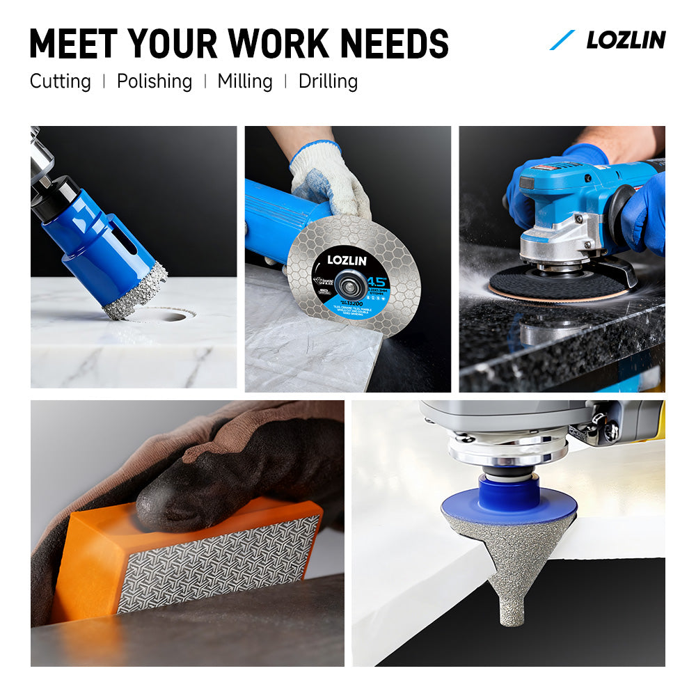 LOZLIN 17PCS Diamond Tool Kit for Tiler, Professional Drill Bits, Saw Blades, Polishing Pads, Chamfer Drill & Milling Bits for Cutting & Grinding Porcelain, Glass, Marble, Quartz & Stone