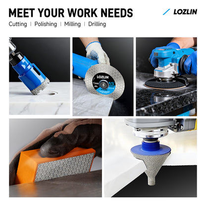 LOZLIN 17PCS Diamond Tool Kit for Tiler, Professional Drill Bits, Saw Blades, Polishing Pads, Chamfer Drill & Milling Bits for Cutting & Grinding Porcelain, Glass, Marble, Quartz & Stone