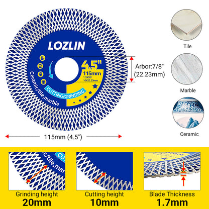 LOZLIN 115mm (4.5") Mesh Turbo Diamond Cutting Blades - Dry Ultra Thin for Rock Slabs, Ceramic & Marble - Angle Grinder Blades for Cutting, Grinding & Sanding