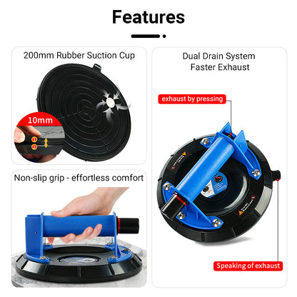 8Inch Double-Thickness Heavy Duty Vacuum Suction Cups - 510lbs/230kg Lift Capacity for Glass, Granite, Quartz & Tile - Lifter with Anti-Slip Grip
