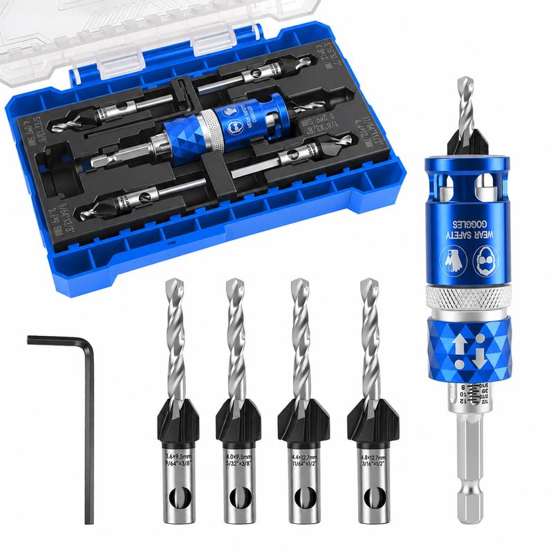 5Pcs Hex-Shaft Woodworking Countersink Drill Bit with Scale, Adjustable High-Hardness Tungsten Carbide Bit for Self-Tapping Screws