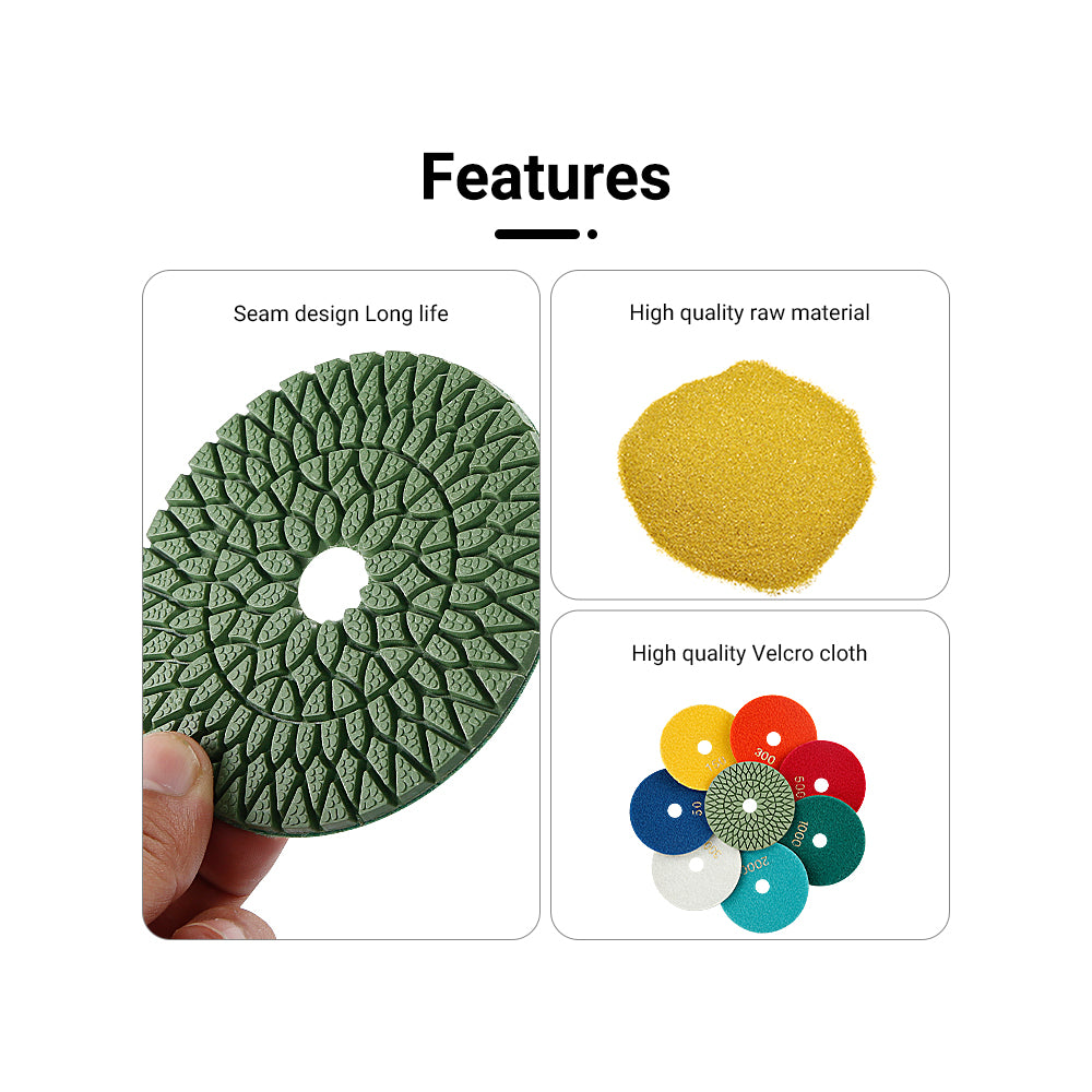 8PCS/set 4Inch Diamond Polishing Pads Set - #50-#3000 Grit Wet/Dry for Granite, Marble, Concrete & Stone, Polishing Wet Grinder