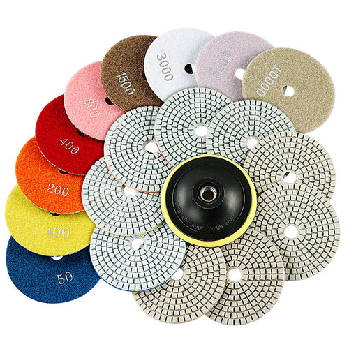 16-teiliges 4"/100-mm-Diamant-Polierpad-Set – 5/8"-11 M14 M10 Schleifscheiben für Granit, Marmor, Beton und Stein – Zubehör für professionelle Nass-Winkelschleifer