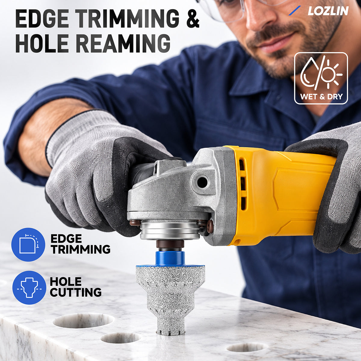 LOZLIN Multi-Size 3-Step Diamond Chamfering Bit (20/35/50mm Millimeters) with 5/8"-11/M14 Threaded Grip, Angle Grinder Accessory for Porcelain Tiles, Hole Enlarging, Edge Trim
