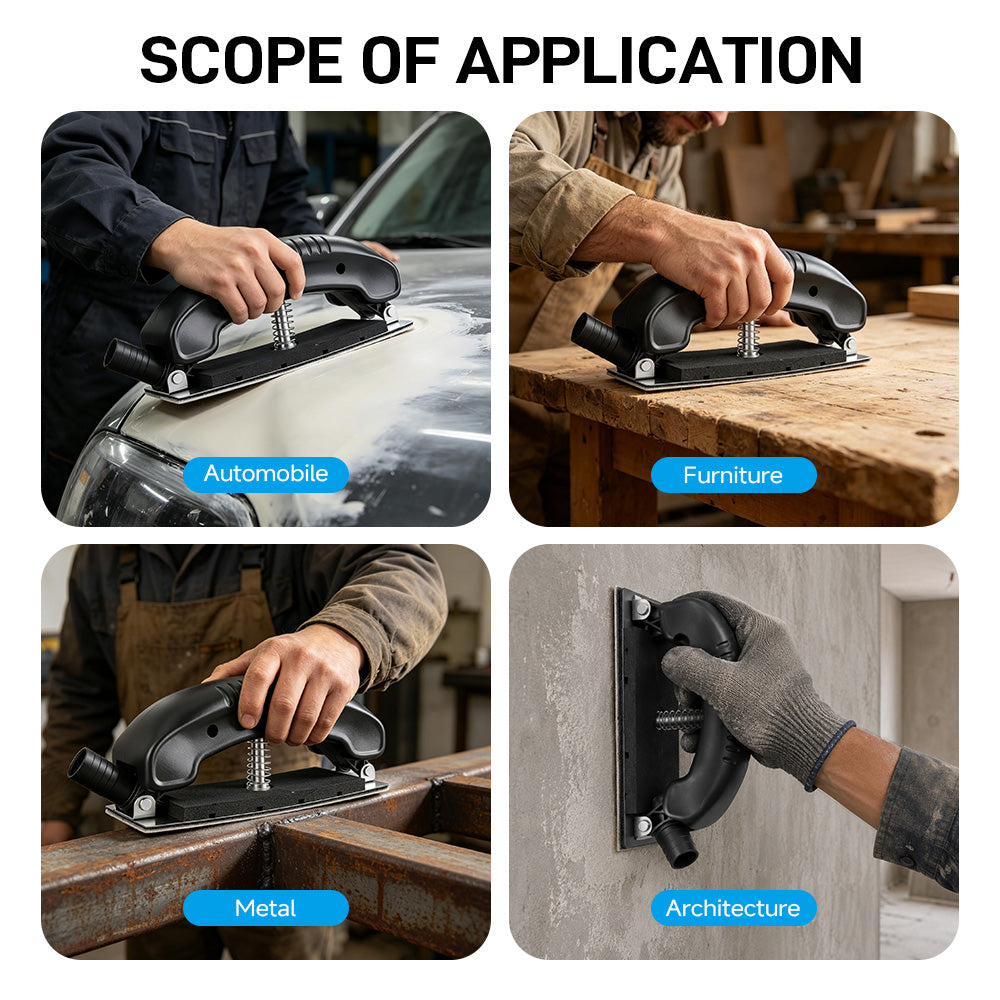 Sandpaper and Hand Sanding Block Set, featuring sandpaper in grits ranging from 80 to 800, with a mesh handle, for use on drywall, wood, metal furniture, and for removing and sanding automotive paint