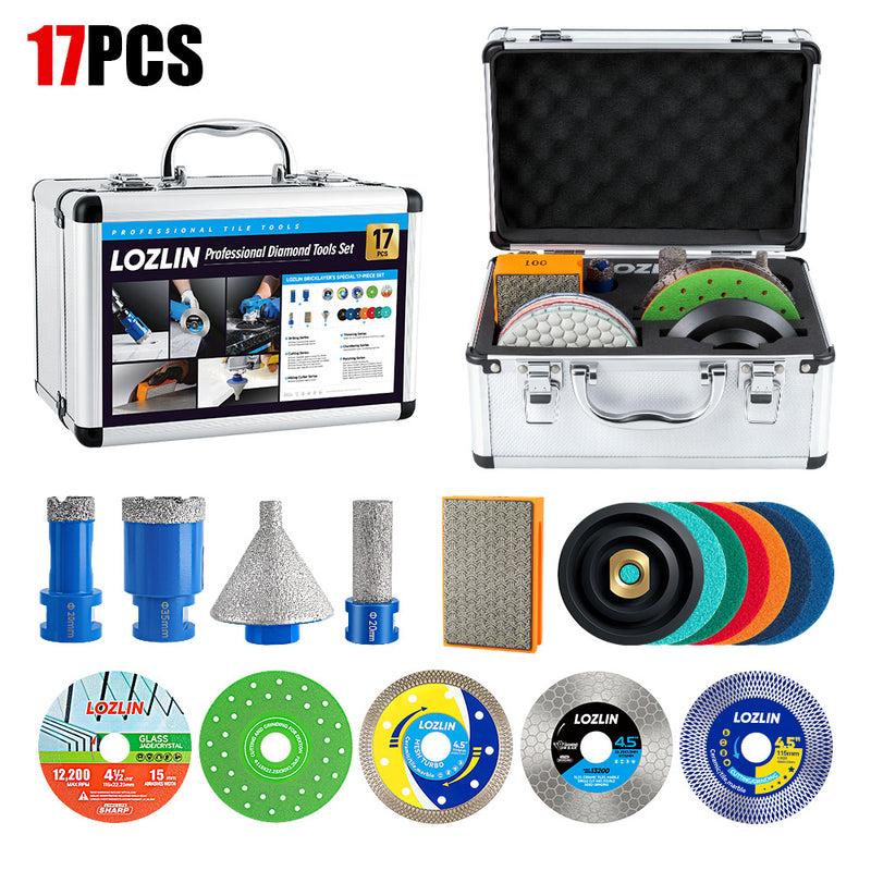 LOZLIN 17PCS Diamond Tool Kit for Tiler, Professional Drill Bits, Saw Blades, Polishing Pads, Chamfer Drill & Milling Bits for Cutting & Grinding Porcelain, Glass, Marble, Quartz & Stone