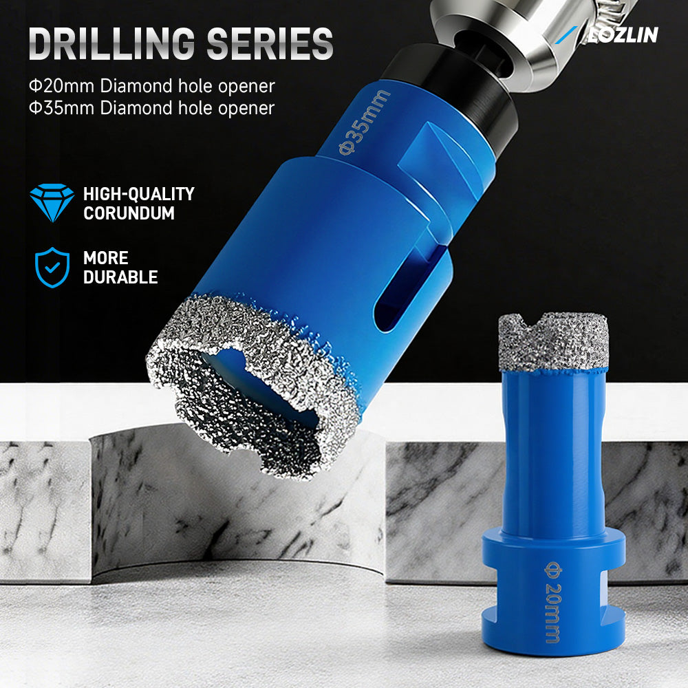 LOZLIN 17PCS Diamond Tool Kit for Tiler, Professional Drill Bits, Saw Blades, Polishing Pads, Chamfer Drill & Milling Bits for Cutting & Grinding Porcelain, Glass, Marble, Quartz & Stone
