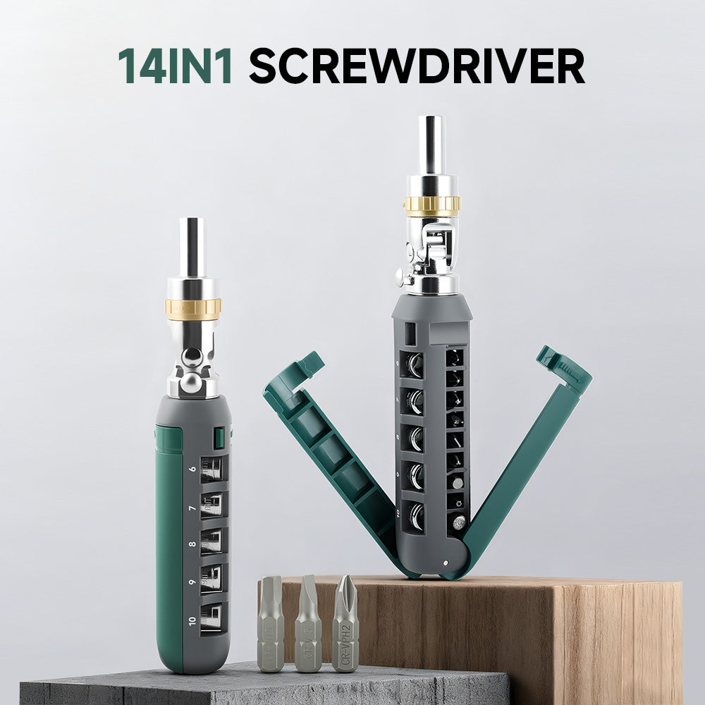 14-in-1 Ratcheting Screwdriver Set with Magnetic Tip, 180° Adjustable Multi-Angle Screwdriver, Phillips Flathead Torx Square Hex Bits, Foldable Repair Tool for Home DIY & Electronics
