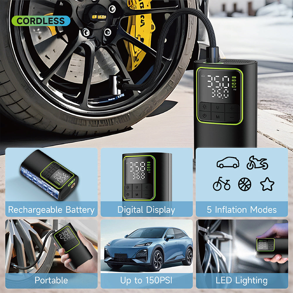 Portable Rapid-Inflation Tire Inflator Rechargeable air pump with digital display, suitable for quickly inflating car, motorcycle, and bicycle tires