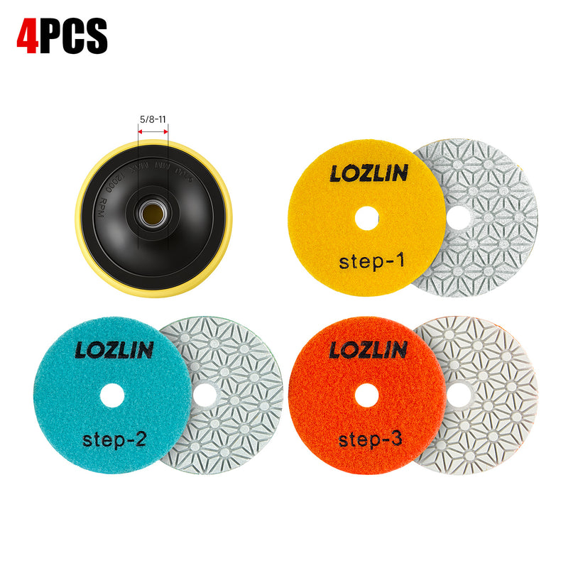 4PCS 100mm (4") Diamond Polishing Pads - Wet Use for Marble, Quartz & Granite - 3-Step Grinding/Polishing Kit for Angle Grinders