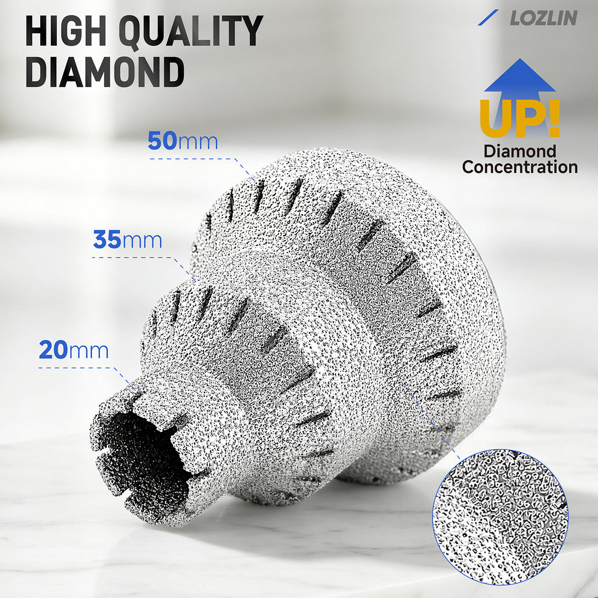LOZLIN Multi-Size 3-Step Diamond Chamfering Bit (20/35/50mm Millimeters) with 5/8"-11/M14 Threaded Grip, Angle Grinder Accessory for Porcelain Tiles, Hole Enlarging, Edge Trim