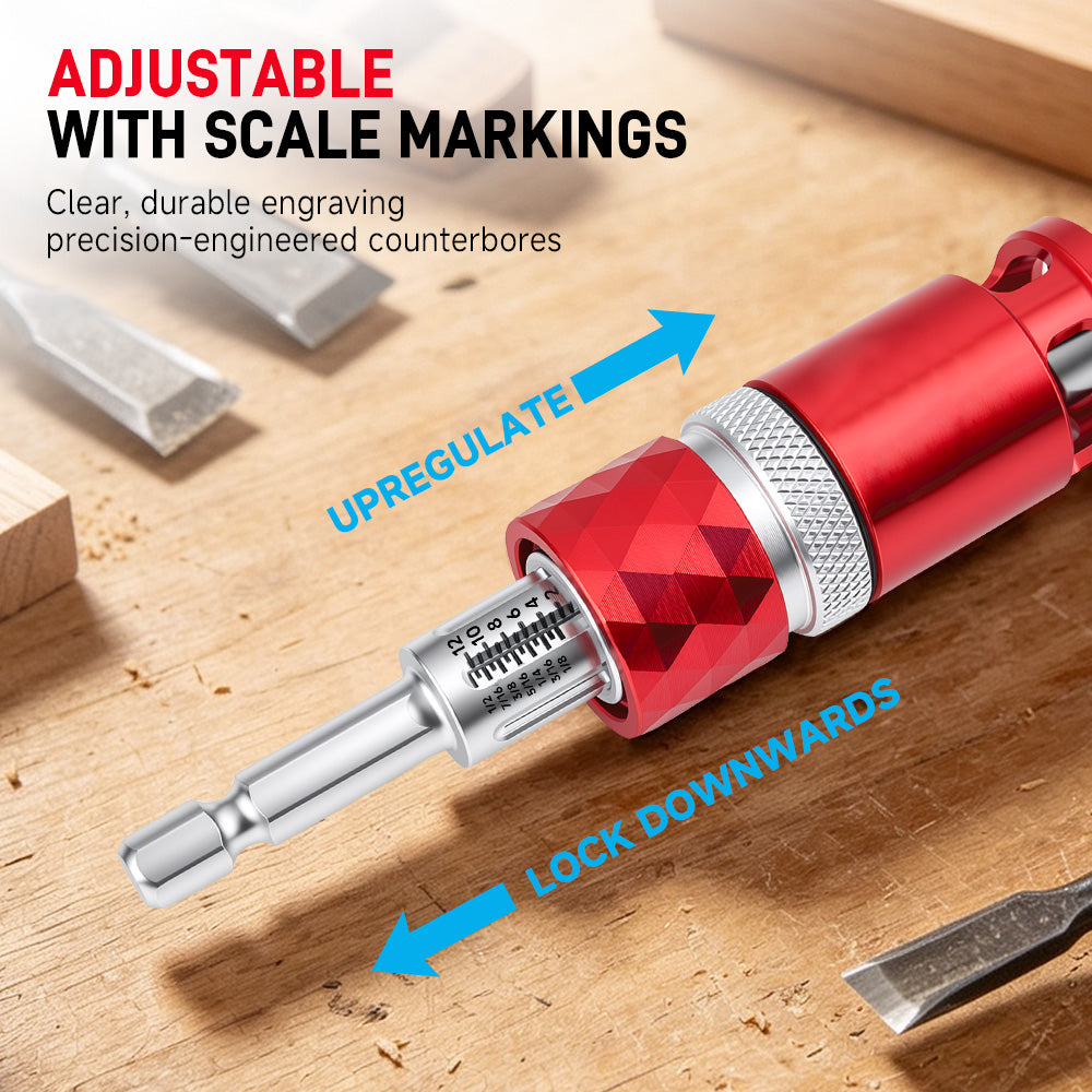 5Pcs Hex-Shaft Woodworking Countersink Drill Bit with Scale, Adjustable High-Hardness Tungsten Carbide Bit for Self-Tapping Screws