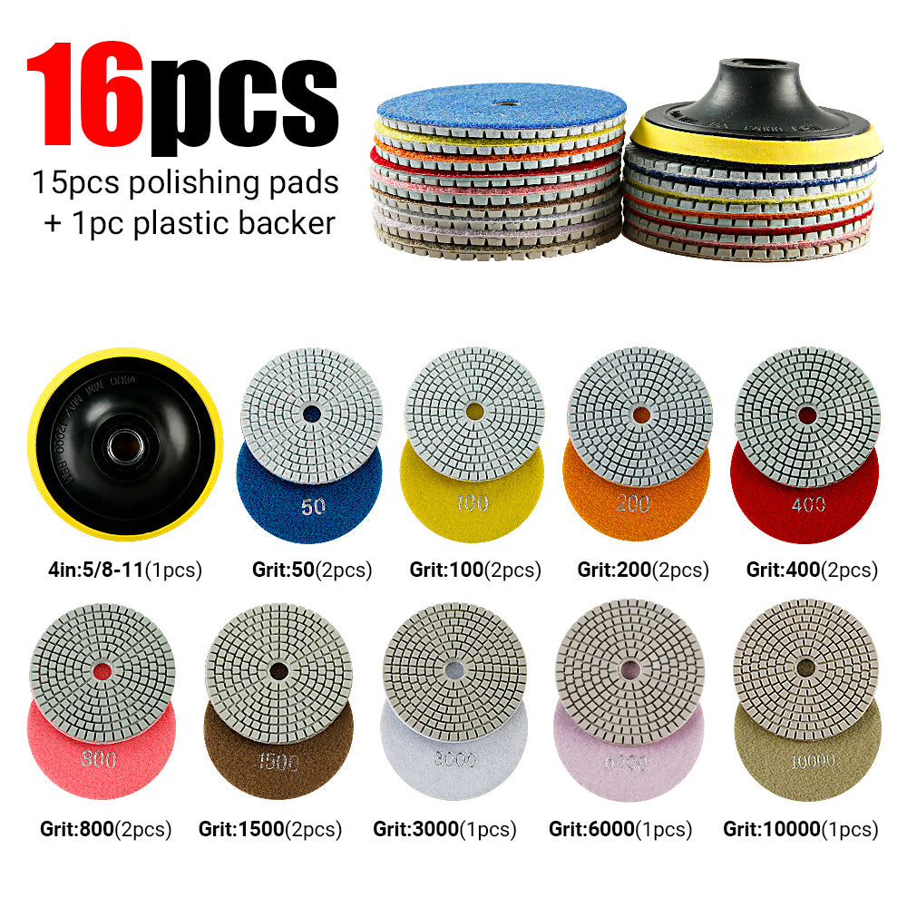 16-teiliges 4"/100-mm-Diamant-Polierpad-Set – 5/8"-11 M14 M10 Schleifscheiben für Granit, Marmor, Beton und Stein – Zubehör für professionelle Nass-Winkelschleifer