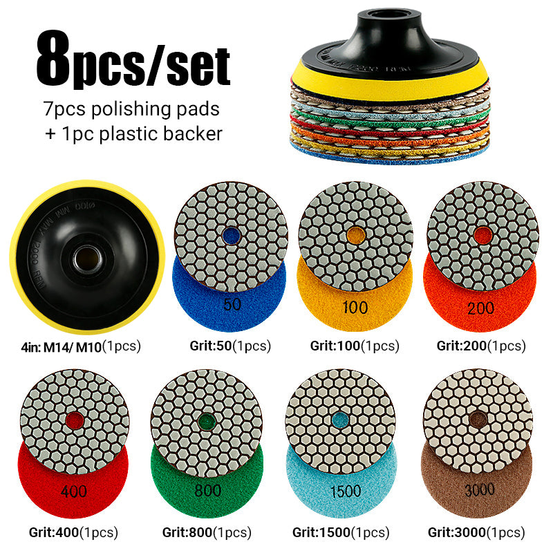 8PCS 4Inch Dry Diamond Polishing Pads - for Marble, Granite & Stone - Angle Grinder Buffing Discs Set, No Water Needed