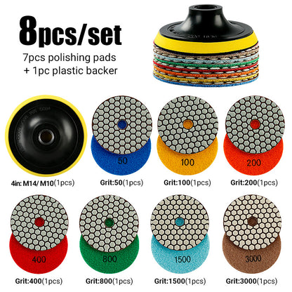 8PCS 4Inch Dry Diamond Polishing Pads - for Marble, Granite & Stone - Angle Grinder Buffing Discs Set, No Water Needed