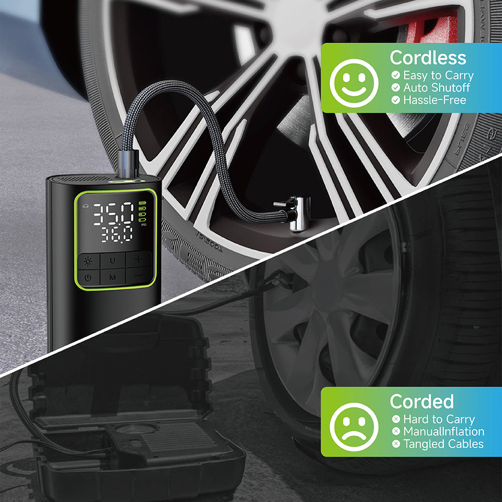 Portable Rapid-Inflation Tire Inflator Rechargeable air pump with digital display, suitable for quickly inflating car, motorcycle, and bicycle tires