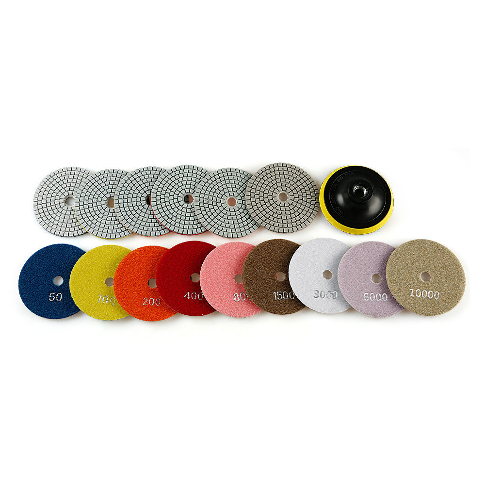 16-teiliges 4"/100-mm-Diamant-Polierpad-Set – 5/8"-11 M14 M10 Schleifscheiben für Granit, Marmor, Beton und Stein – Zubehör für professionelle Nass-Winkelschleifer