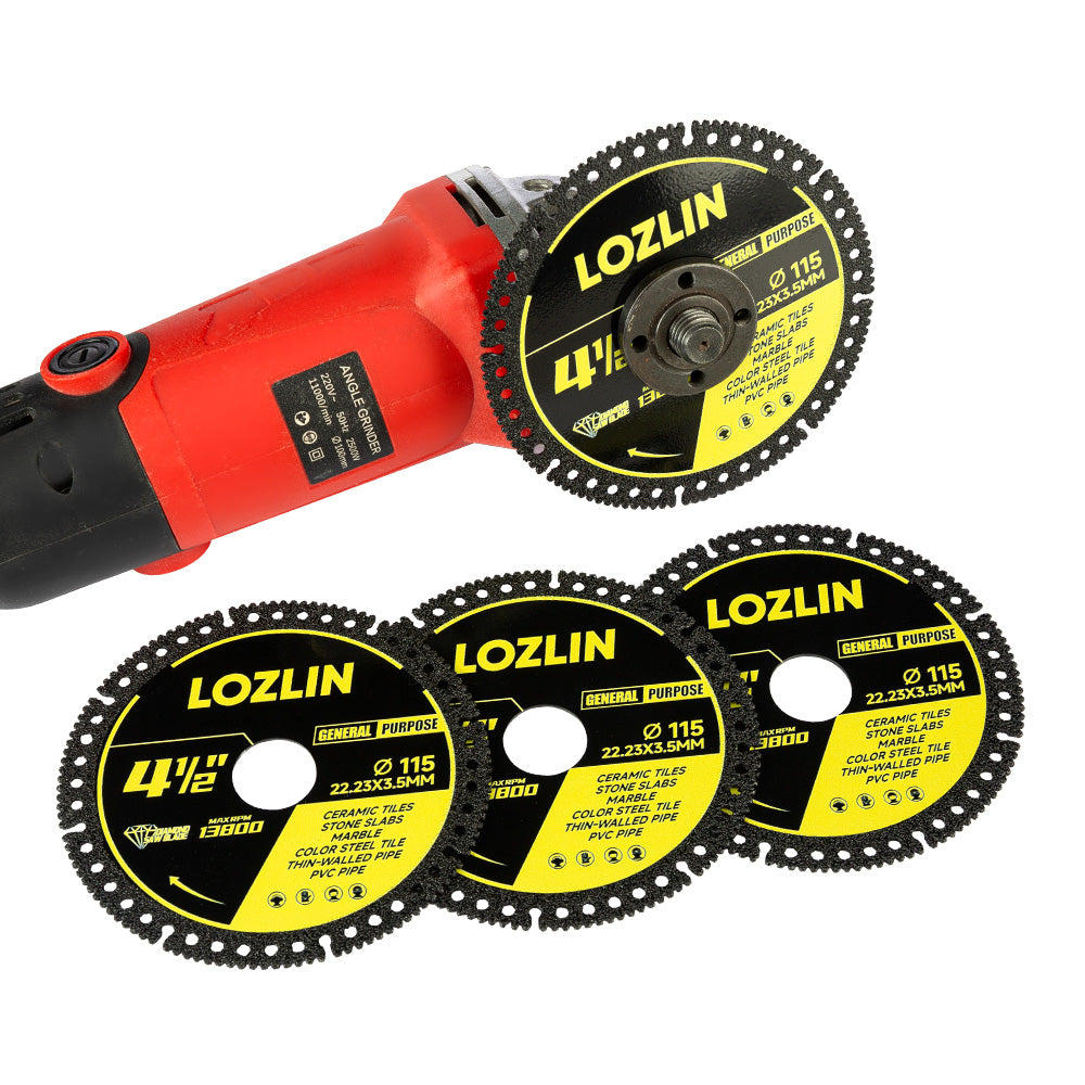 LOZLIN 3Pcs 4.5" 115mm Industrial Diamond Cutting Blade, Multi-Purpose for Steel Roof Sheets, PVC Pipes & Stone