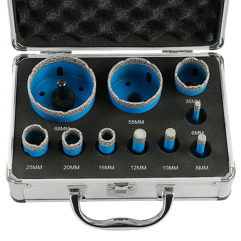 11-teiliges Trocken-Diamantbohrer-Set (6–68 mm) – kein Wasser erforderlich für Porzellanfliesen/Granit/Glas – inkl. Aufbewahrungskoffer und Winkelschleifer-Adapter
