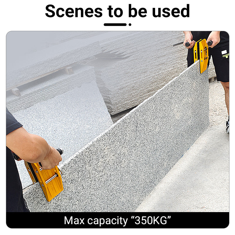 2 gelbe Hochleistungs-Plattenklemmen mit Doppelgriff – 771 lbs/350 kg Kapazität für 0–2,36 Zoll (0–6 cm) Granit/Quarz/Marmor/Glas – gummigepolsterte Hebewerkzeuge mit Griff und Anti-Rutsch-Technologie