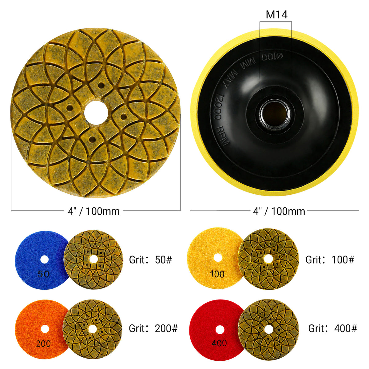 5-teiliges 100-mm-(4-Zoll)-Diamant-Schleifscheiben-Set – für Granit, Marmor und Beton – Winkelschleifer-Schleifscheibe zum Trimmen, Grobschleifen und Nivellieren von Oberflächen