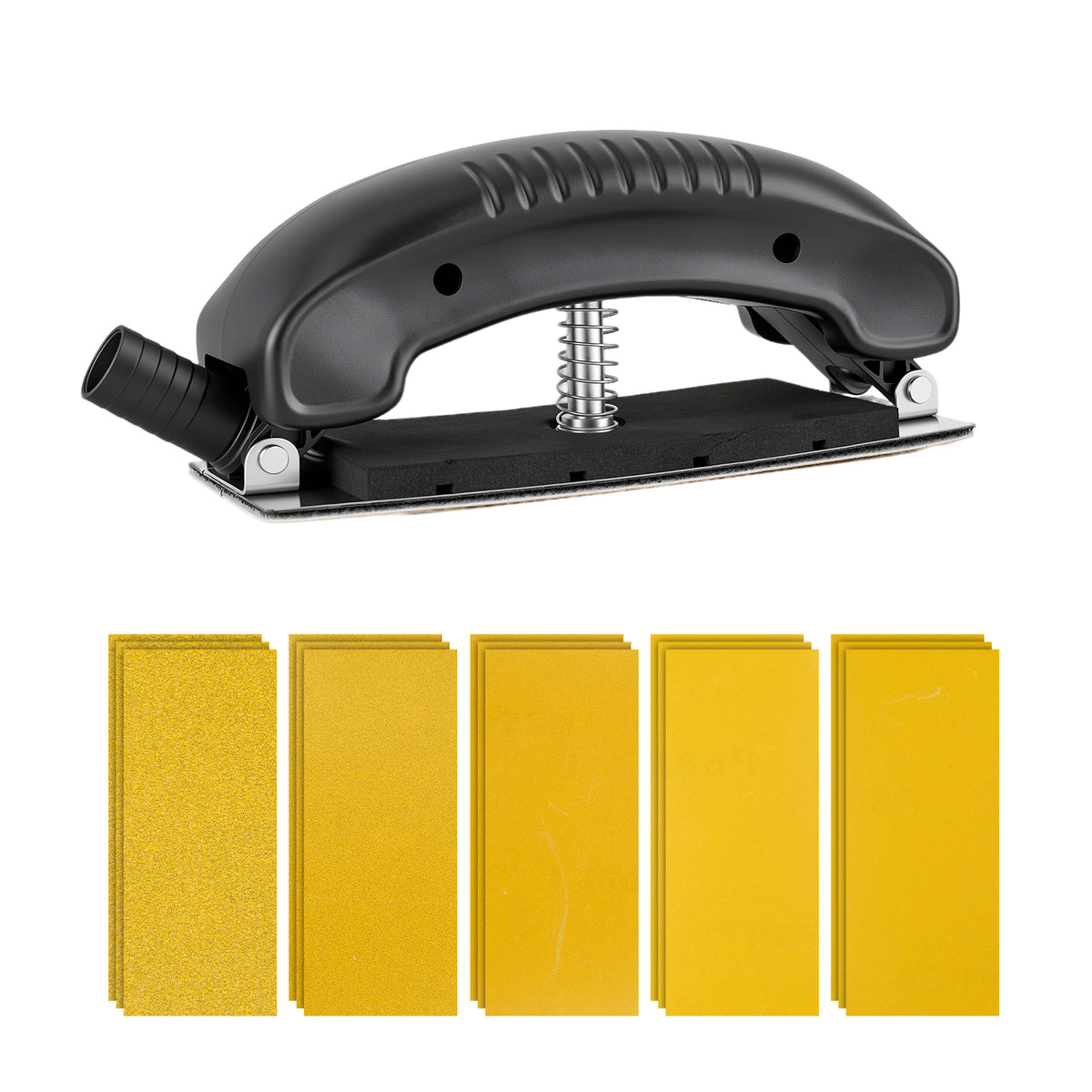 Sandpaper and Hand Sanding Block Set, featuring sandpaper in grits ranging from 80 to 800, with a mesh handle, for use on drywall, wood, metal furniture, and for removing and sanding automotive paint
