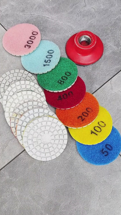 8PCS 2 Inch (50mm) Diamond Polishing Pads, Wet/Dry Hook & Loop Backing, for Granite, Marble, Quartz, Jade – Angle Grinder Grinding Discs, Stone Countertop & Tile Polishing – #50-#3000 Grit Set