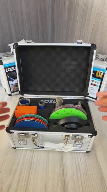 LOZLIN 17-teiliges Diamantwerkzeug-Set für Fliesenleger, professionelle Bohrer, Sägeblätter, Polierpads, Anfasbohrer und Fräser zum Schneiden und Schleifen von Porzellan, Glas, Marmor, Quarz und Stein